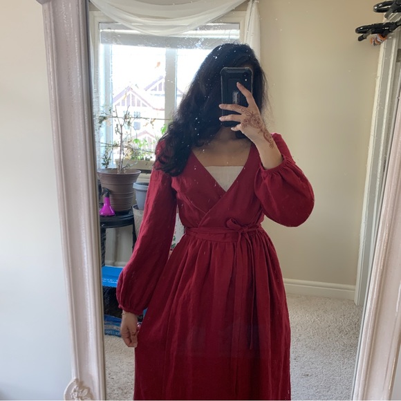 [SOLD] Red Linen Midi Wrap Dress from Love and Confuse - Picture 2 of 5